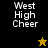 Four display "West High Cheer" text with star symbols; top-left black background has yellow star, bottom-left gold background has black star