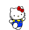 White cat with red bow, blue overalls, and yellow accents in multiple poses on gray background.