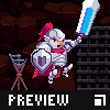 Pixel art knight in silver armor with red accents holds a blue sword and shield, standing before dark stone background.
