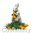 Animated contact sheet of a rabbit icon with sequential frame changes showing motion, featuring a gray rabbit holding an orange object amid green foliage and scattered orange flowers on a white background.