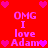 Red background with pink pixelated text and hearts, repeating 'OMG I love Adam' in two vertical surrounded by heart symbols