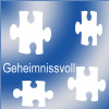 Blue gradient background with white and blue puzzle pieces arranged in a , displaying the text "Geheimnissvoll" below each piece