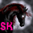 A horse's head with dark mane and red highlights appears in a of four , with one showing pink text