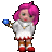 Pixelated doll avatar with pink hair, white dress, red shoes, and blue orb, shown in two poses against gray background.