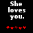 Black background with white pixelated text "She loves you." and five red pixelated hearts below, where the third heart changes from solid red to dark red between frames.