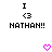 Pixelated text and symbols on white background with two pink heart icons below.