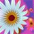 A pixelated sunflower with a brown center and yellow petals surrounded by a light blue and purple gradient background.