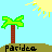 Pixelated scene with palm tree, sun, and text 'Pasidea' on brown ground against light blue sky.