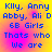 Blue pixelated text on a yellow-to-pink gradient background reads 'Killy, Anny Abby, Ali D 6B Girls Thats who We are' in four identical