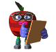 Red apple-shaped character with green stem, blue gloves, and glasses holds a brown clipboard or blackboard displaying 'A+' text.