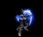 Animated character in dark clothing wields glowing blue crescent weapon against black background, performing sequential combat poses.