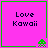 Four identical pink squares with green borders display 'Love Kawaii' text and green pixelated alien icons in bottom-right corners.