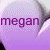 A four-quadrant displays text and shapes: purple 'megan', pink 'loves', peach 'ryan' with a curved line, and gray background