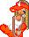 Pixelated character with long blonde hair wearing white tank top and white earrings, seated with legs crossed, displaying multiple color variations of hat and pants.