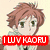 Pixelated anime-style character with brown hair and green eyes appears in three distinct poses across a , each featuring red text banner reading "I LUV KAORU"