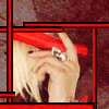 six red-bordered showing a person with blonde hair, red headband, and silver ring on hand; one displays large red text