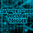Blue and black pixelated pattern with repeated text overlays reading "PULL THE TRIGGER" in white, surrounded by repeating "SAY YES AND SAY YES" phrases.