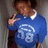 A person in a blue sweater with white text and number '38' makes a peace sign against a gray background.