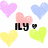 Pixelated heart shapes in pink, blue, yellow, and green surround black text reading 'ILY' on a white background.