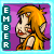 A 6-frame animated contact sheet of a pixel art character with orange hair and pointed ears, wearing an orange sleeveless top against a purple background, with vertical text "EMBER" on the left side of each frame.
