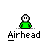 Pixelated green-shirted figure with white head in three distinct poses above 'Airhead' text on gray background.