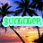 Pixelated image with 'SUMMER' text over palm trees and sunset, and 'LOVE' text with hearts on white background.