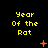 Yellow pixelated text 'Year Of the Rat' repeated across a black background with orange star-like and dot patterns in various positions.