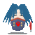 Pixelated character with blue hair and red emblem on chest, holding a yellow sword that shifts position across frames.