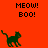 A red background displays four green cat icons with 'MEOW! BOO!' text above each, one positioned on a gray platform.