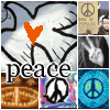 A collage of peace symbols and related imagery including a pixelated orange heart, a peace sign, and the word 'peace' in bold letters.