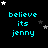 Pixelated cyan text 'believe its jenny' on black background with white and gray stars, arranged in a of repeated identical units