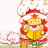A 48x48 pixel animated buddy icon featuring a cartoon character in red and yellow attire with white accents, alongside green text on a dark background.