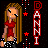 Pixel art contact sheet showing five animated frames of a cartoon girl with long brown hair wearing red top and black-and-white polka-dot pants, next to vertical "DANNI" text on dark background with red stars and white dots.