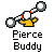 Pixel art buddy icon featuring a yellow stick figure with white head and red accents holding two gray spherical weights on chains against a solid light gray background, with "Pierce Buddy" text below.