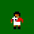 Pixelated character in red shirt and white shorts with black boots, holding a soccer ball against green background.