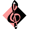 Four diamond-shaped frames display a black and pink musical treble clef icon in different orientations against a gray background.