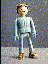 A cartoon character in light blue clothing stands against a gray background, viewed from multiple angles including front, side, and back.
