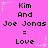 Pixelated text on a bright pink background with white star and dotted line accents, repeating 'Kim And Joe Jonas = Love' in three