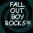Four identical circular icons with teal and black spiral backgrounds display white text reading "FALL OUT BOY ROCKS!!!" in a pixelated font.