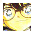 Pixelated yellow figure with brown hair, large eyes, and a wide smile; white border on left image, black border on right image.