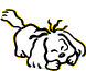 Three white cartoon dog poses with black outlines on gray background: lying down, sitting, and standing.