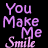 Animated contact sheet showing six frames of a text-based buddy icon with pink and blue lettering on black background, displaying sequential animation changes in the word "Smile".