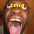 A four- shows a person with brown skin, mouth open wide in laughter, and yellow text above the head changing