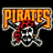 Pixelated graphic with 'PIRATES' text above a skull and crossbones, featuring orange-yellow lettering, red accents on the skull, and gray bones against black background.