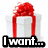 Pixelated image of a white gift box with red ribbon and bow, below which is black text reading 'I want...' in blocky font.