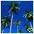 Animated scene of palm trees against a blue sky with two heart symbols changing from light blue to white.