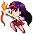 Pixel art character with purple hair and red headband holding a bow, arrow, and flame; wearing blue-and-white top and red plaid skirt.