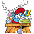 A pixelated cartoon Smurf character with red hat and blue body stands at a wooden workbench holding a yellow tool, next to green text reading "Original Icons .com" on dark green background.