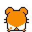 Six pixel art hamster poses in orange and white on gray background, showing back view, side view, front view, and various expressions.