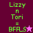 Four display pixelated text 'Lizzy n Tori = BFALS' with star symbols, varying background colors and star color/position